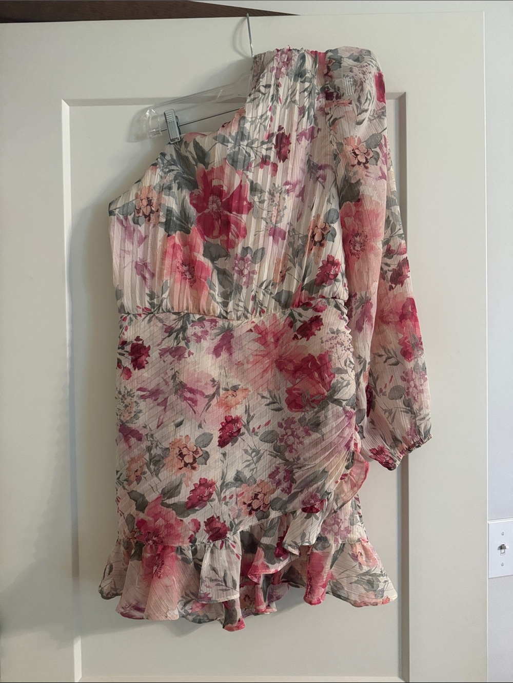 Express Floral One-Shoulder Ruffled Mini Dress - Pink & Green